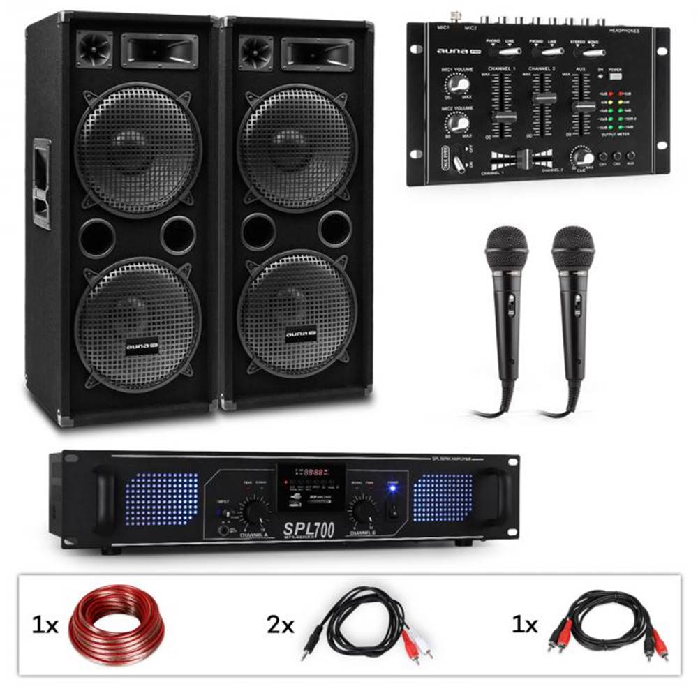 Auna Pro  PW-2222 MKII, PA karaoke sada, zosilňovač, 2 pasívne PA reproduktory, mixér, 2 mikrofóny, značky Auna Pro