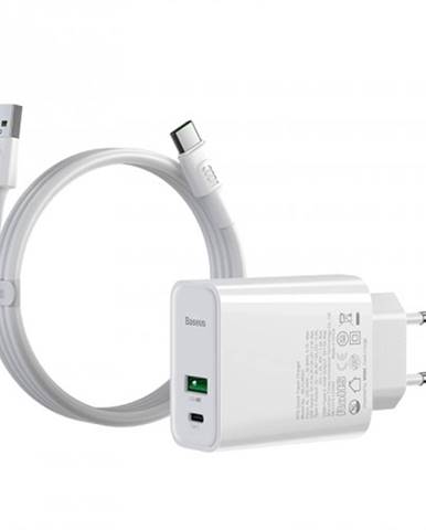 Nabíjačka Baseus, USB-A + USB-C, 30 W, s káblom, biela