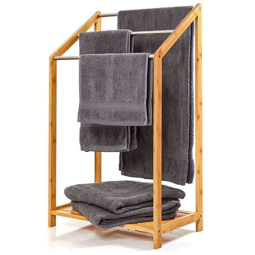 Blumfeldt  Vešiak uteráky, 3 kovové tyčky uteráky, 51x86x31cm, schodíkový dizajn, bambus, značky Blumfeldt