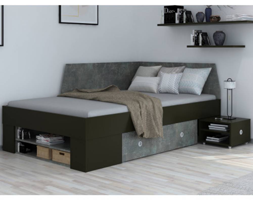ASKO - NÁBYTOK Úložná posteľ so zástenou Junior 120x200 cm, čierna/tmavý betón, značky ASKO - NÁBYTOK