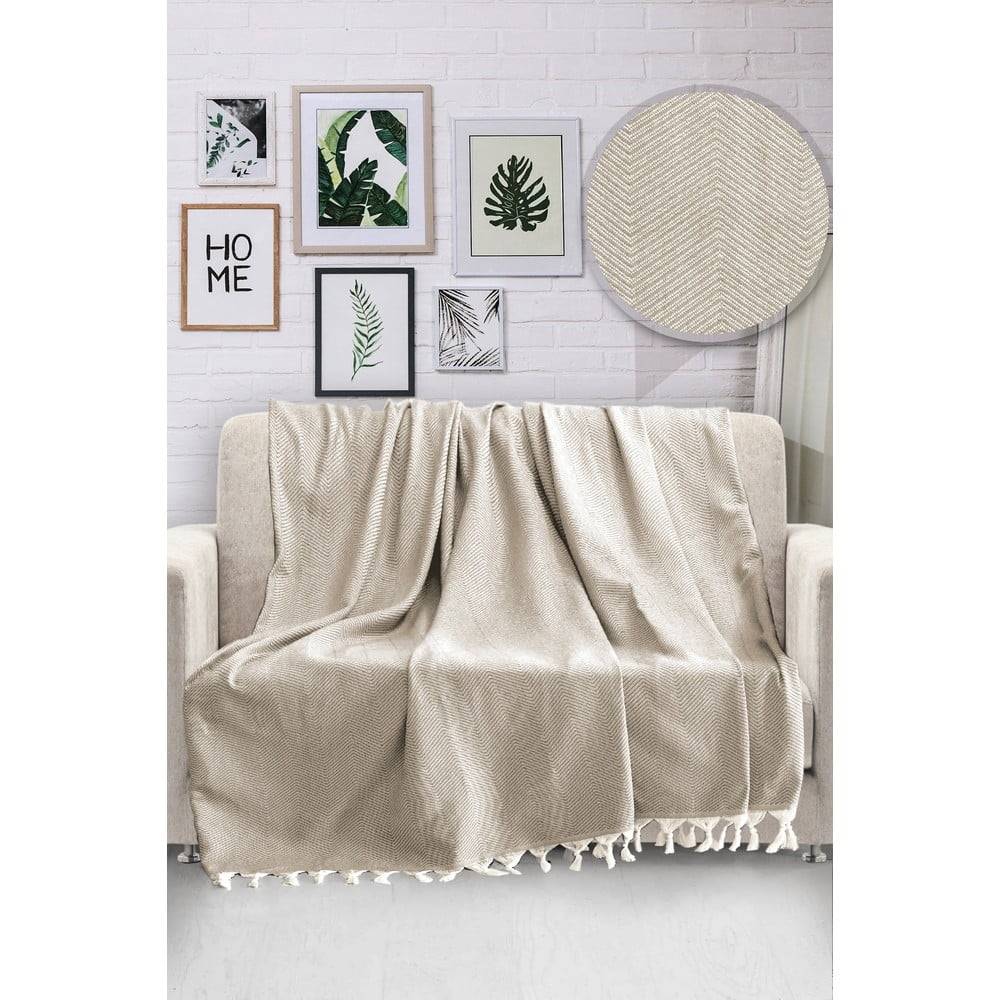 Viaden Béžový bavlnený pléd cez posteľ  HN, 170 x 230 cm, značky Viaden