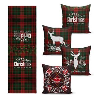 Súprava 4 vianočných obliečok na vankúš a behúň na stôl Minimalist Cushion Covers Tartan Christmas