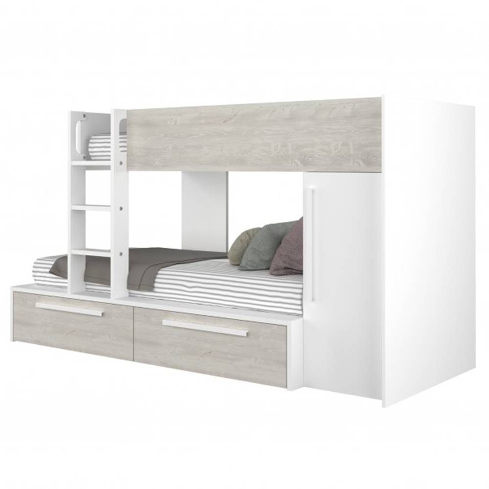 Sconto Poschodová posteľ so skriňou EMMET I pínia cascina/biela, 90x200 cm, značky Sconto