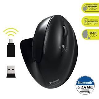PORT CONNECT ERGONOMIC RECHARGEABL, bezdrátová ergonomická myš, 2,4 Ghz & Bluetooth®, USB-A/C, černá