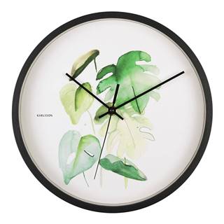 Karlsson Zeleno-biele nástenné hodiny v čiernom ráme  Monstera, ø 26 cm, značky Karlsson