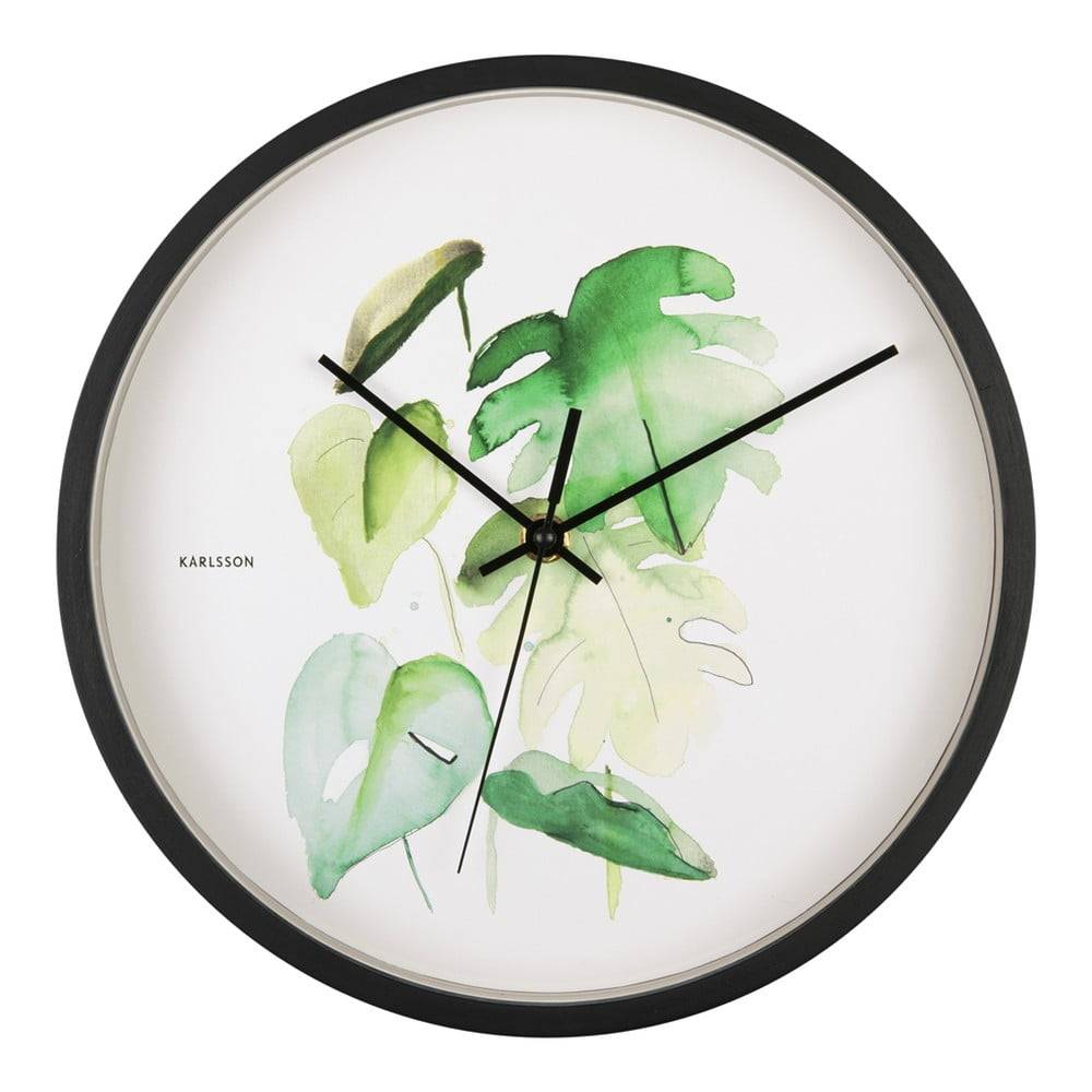 Karlsson Zeleno-biele nástenné hodiny v čiernom ráme  Monstera, ø 26 cm, značky Karlsson