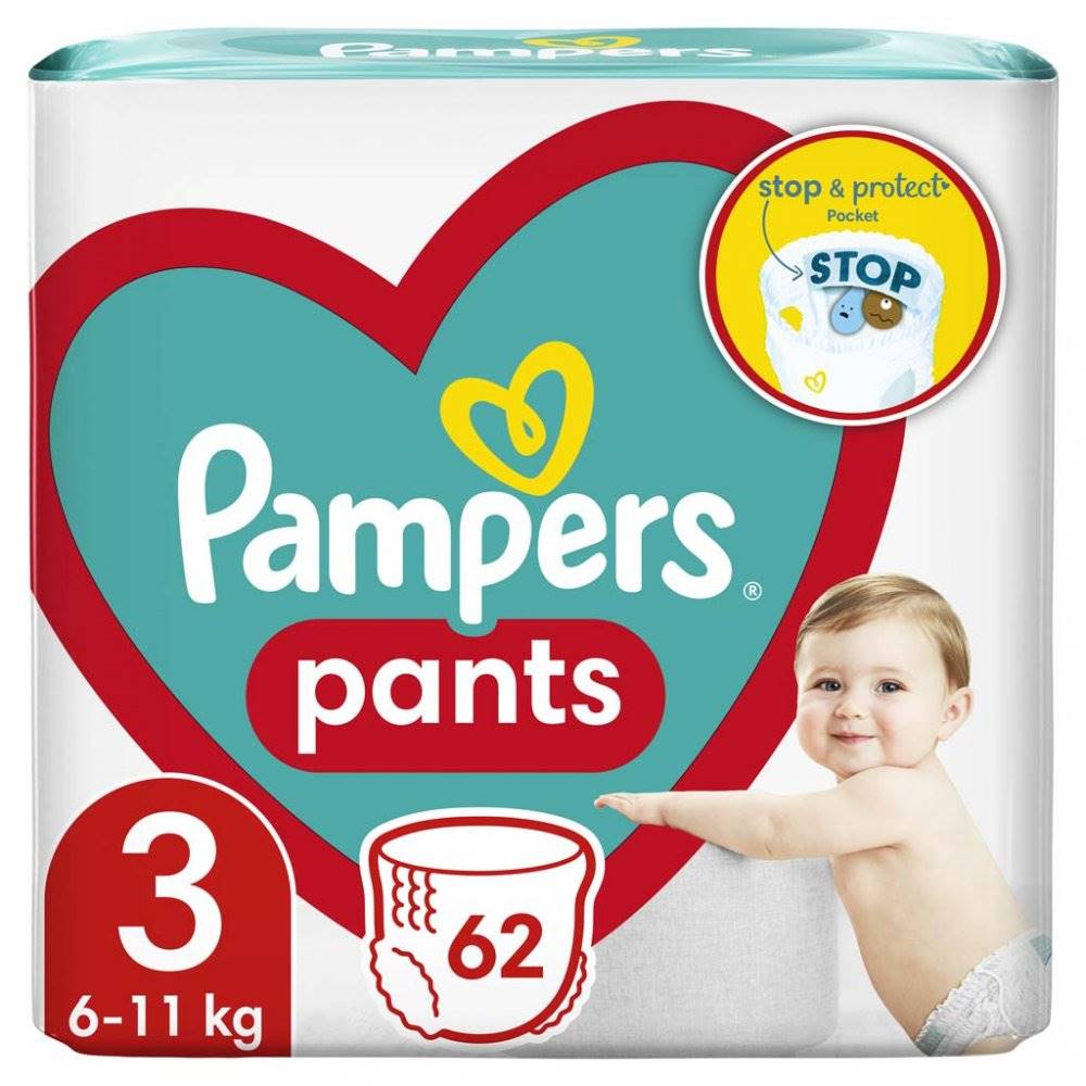 PAMPERS  Pants Nohavičky plienkové jednorazové 3 (6-11 kg) 62 ks - JUMBO PACK, značky PAMPERS