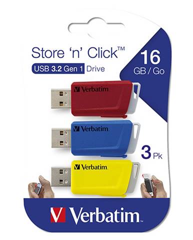 Verbatim USB flash disk, USB 3.0, 16GB, Store N Click, mix farieb, 49306, USB A, s výsuvným konektorom, 3ks