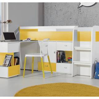 Zvýšená úložná posteľ s výsuvným stolíkom Mobi 90x200 cm, biela/žltá