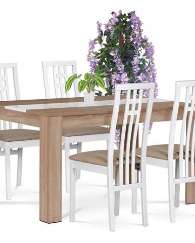 AUTRONIC SATURN Jedálenský set 1+4, stôl 138x80 cm, MDF, dekor dub sonoma/biele lamino, stoličky masív buk, biely lak, poťah hnedá látka