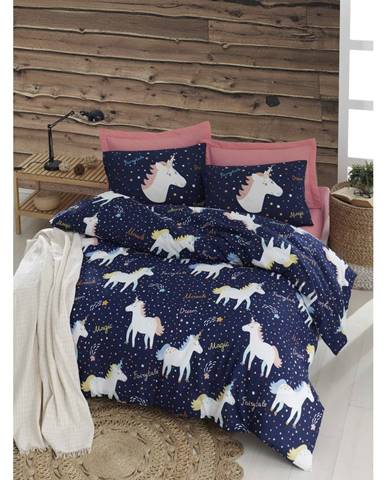 Obliečky s plachtou na dvojlôžko Eponj Home Magic Unicorn Dark Blue, 200 x 220 cm