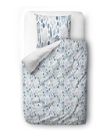 Biele/modré obliečky na jednolôžko z bavlneného saténu 140x200 cm Blue Winter Floral - Butter Kings