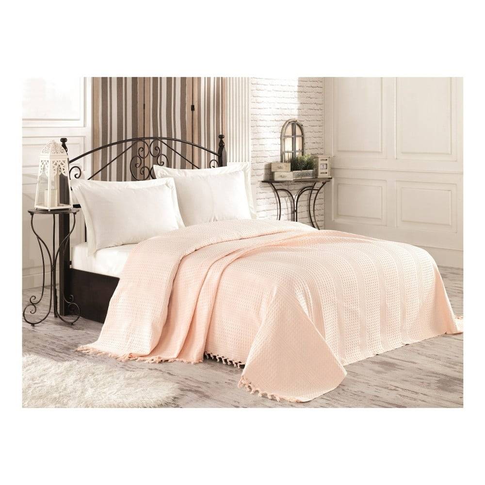 Şaheser Krémová bavlnená prikrývka cez posteľ na dvojlôžko Tarra, 220 × 240 cm, značky Şaheser